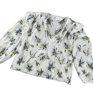 Tanya Taylor Delaney Floral Cotton Blouse Small White Ruffle Watercolor Tie Top